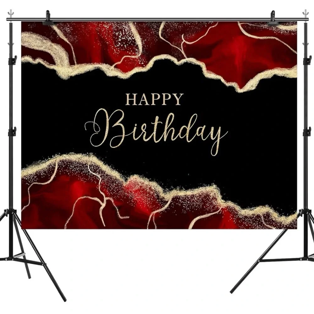 Elegant Red & Black 'Happy Birthday' Backdrop with Gold Accents